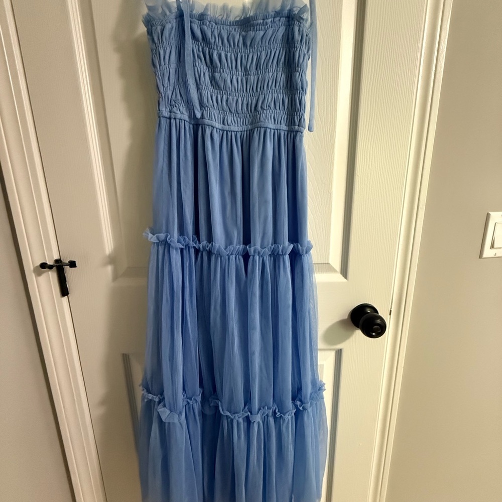 Light Blue Smocked Mesh Maternity Midi Dress